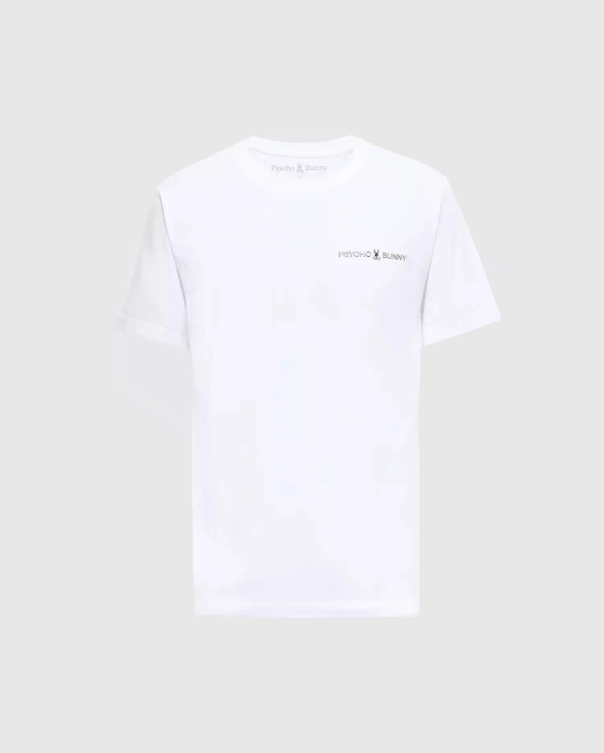 The BIG AND TALL LONMONT GRAPHIC TEE - B9U194E200 by Psycho Bunny is a premium white Pima cotton tee featuring a small logo and text on the left chest against light grey. It offers ultimate comfort with a classic crew neck and short sleeves.