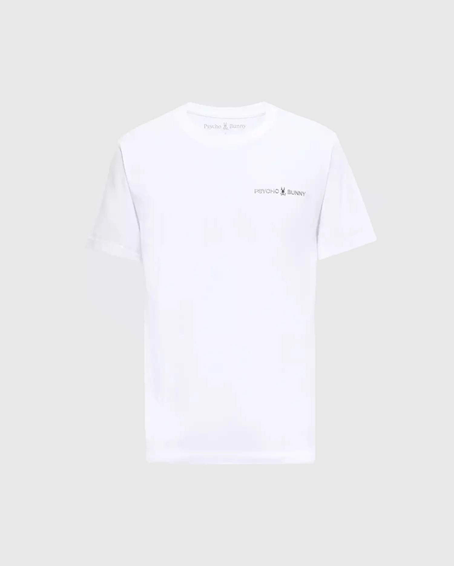 The BIG AND TALL LONMONT GRAPHIC TEE - B9U194E200 by Psycho Bunny is a premium white Pima cotton tee featuring a small logo and text on the left chest against light grey. It offers ultimate comfort with a classic crew neck and short sleeves.