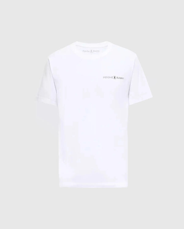 The BIG AND TALL LONMONT GRAPHIC TEE - B9U194E200 by Psycho Bunny is a premium white Pima cotton tee featuring a small logo and text on the left chest against light grey. It offers ultimate comfort with a classic crew neck and short sleeves.