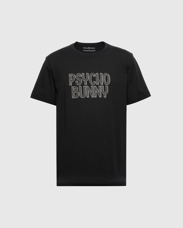 The Psycho Bunny MENS BIG AND TALL MONARC WORDMARK GRAPHIC TEE - B9U210E200, crafted from 100% Pima cotton, features a black tee with "Psycho Bunny" in outlined white letters on the front for a stylish addition to any wardrobe.