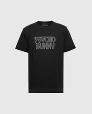 The Psycho Bunny MENS BIG AND TALL MONARC WORDMARK GRAPHIC TEE - B9U210E200, crafted from 100% Pima cotton, features a black tee with "Psycho Bunny" in outlined white letters on the front for a stylish addition to any wardrobe.