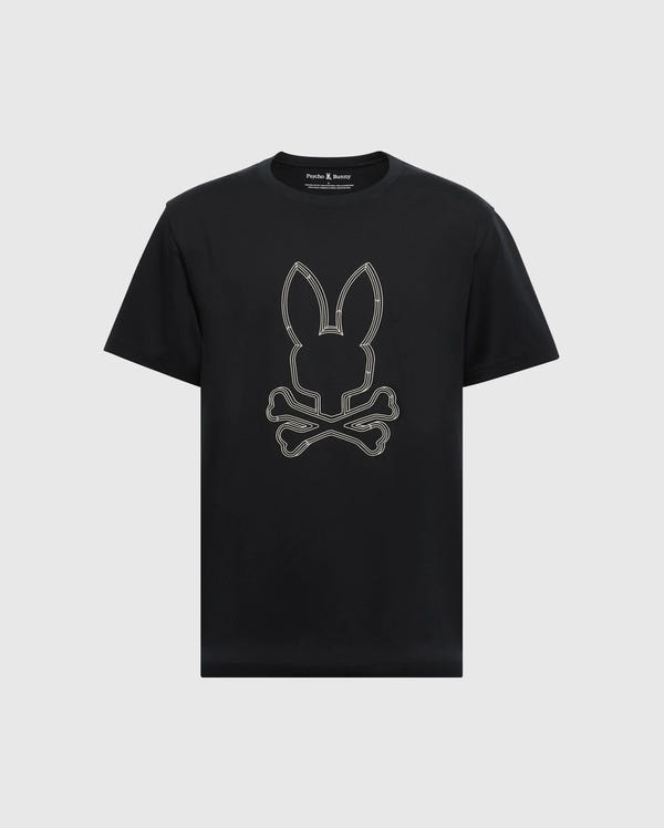 Introducing Psycho Bunny's MENS BIG AND TALL MONARC FRONT BUNNY GRAPHIC TEE, a premium black Pima cotton tee featuring a striking white bunny head with crossed bones.