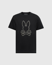 Introducing Psycho Bunny's MENS BIG AND TALL MONARC FRONT BUNNY GRAPHIC TEE, a premium black Pima cotton tee featuring a striking white bunny head with crossed bones.