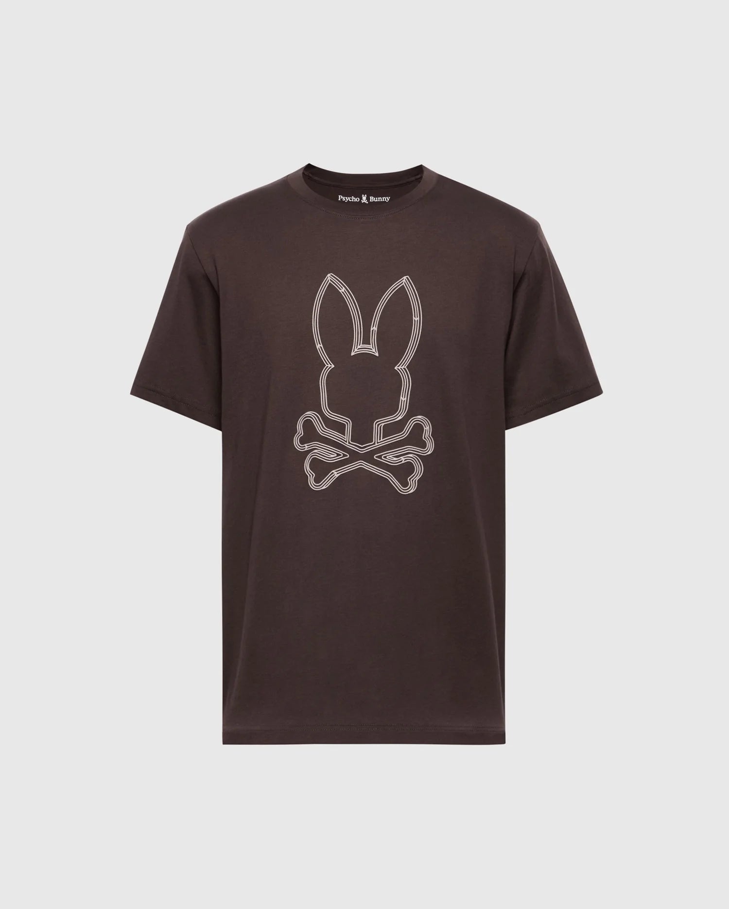 Introducing Psycho Bunny's Men's Big and Tall Monarc Front Bunny Graphic Tee - B9U211E200: a unique dark brown Pima cotton T-shirt with bunny ears above crossbones on the front.