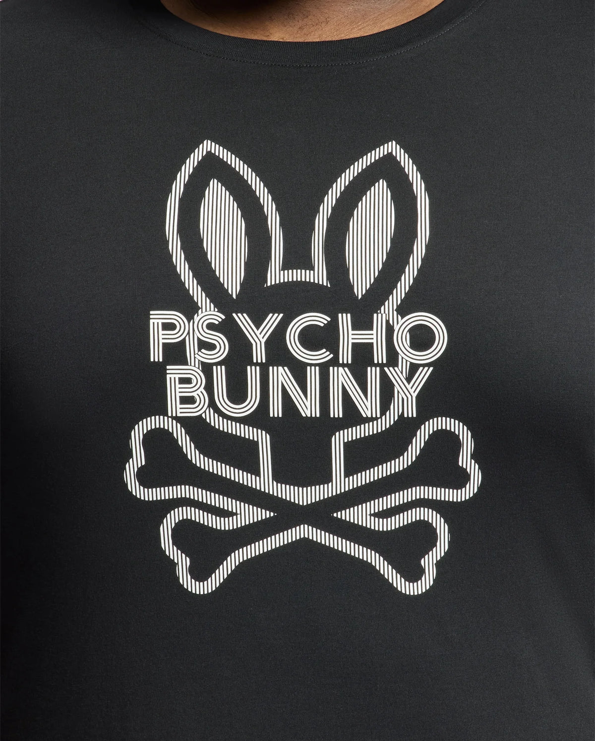 The BIG AND TALL DUMON GRAPHIC TEE - B9U271E200 by Psycho Bunny is a black Pima cotton tee featuring a stylized bunny with long ears and crossbones, along with the text "PSYCHO BUNNY," offering a mix of playful and edgy aesthetics.