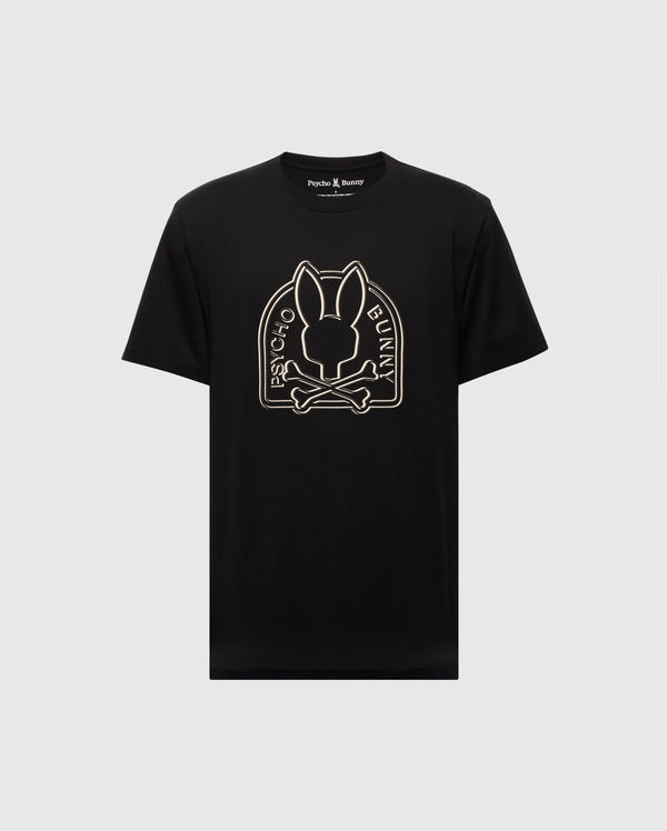 The "MENS BIG AND TALL MELBOURNE GRAPHIC TEE - B9U410F200" by Psycho Bunny features a bunny head with crossed bones design and the "Psycho Bunny" text, made from premium Peruvian Pima cotton.