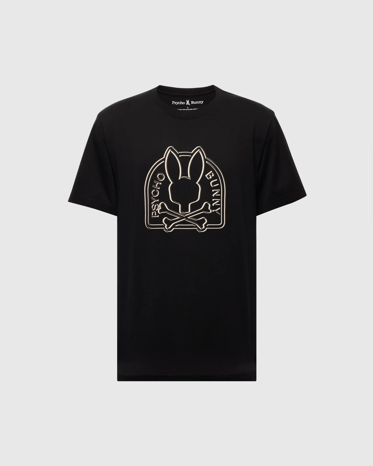 The "MENS BIG AND TALL MELBOURNE GRAPHIC TEE - B9U410F200" by Psycho Bunny features a bunny head with crossed bones design and the "Psycho Bunny" text, made from premium Peruvian Pima cotton.