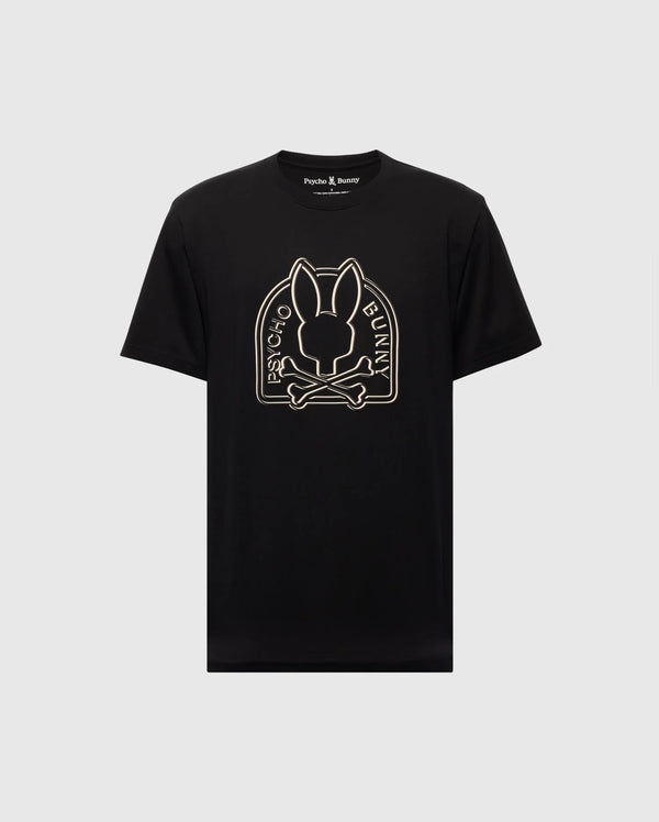 The "MENS BIG AND TALL MELBOURNE GRAPHIC TEE - B9U410F200" by Psycho Bunny features a bunny head with crossed bones design and the "Psycho Bunny" text, made from premium Peruvian Pima cotton.