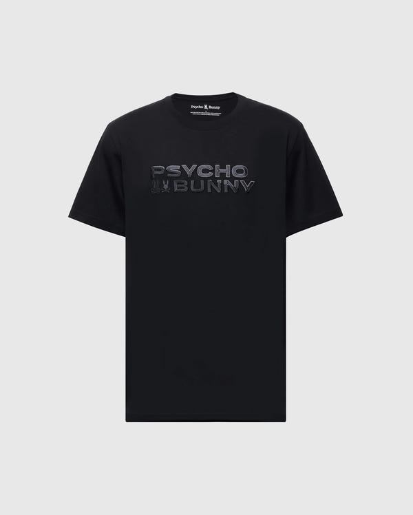 The Men's Big and Tall Berni Embroidered Wordmark Graphic Tee (B9U417F200) by Psycho Bunny is a black Pima cotton T-shirt featuring "PSYCHO BUNNY" in bold, reflective letters on the front, set against a light gray background. This breathable tee combines style with comfort.