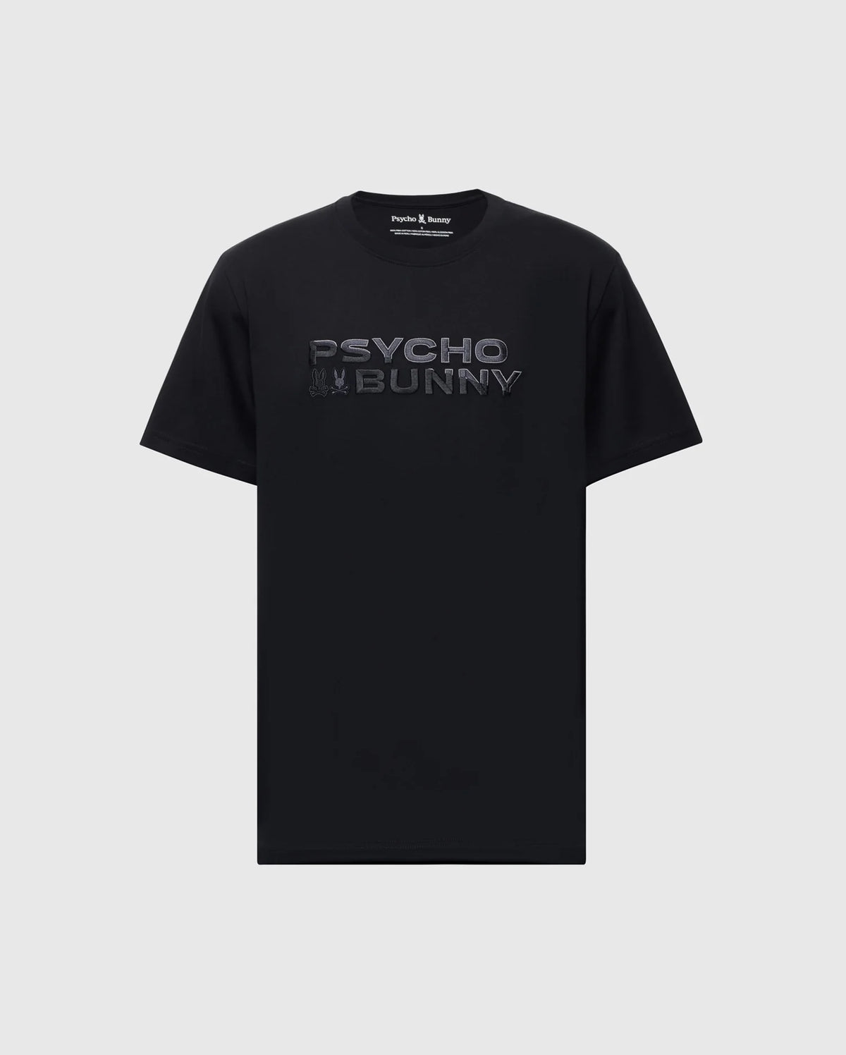 The Men's Big and Tall Berni Embroidered Wordmark Graphic Tee (B9U417F200) by Psycho Bunny is a black Pima cotton T-shirt featuring "PSYCHO BUNNY" in bold, reflective letters on the front, set against a light gray background. This breathable tee combines style with comfort.