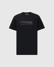 The Men's Big and Tall Berni Embroidered Wordmark Graphic Tee (B9U417F200) by Psycho Bunny is a black Pima cotton T-shirt featuring "PSYCHO BUNNY" in bold, reflective letters on the front, set against a light gray background. This breathable tee combines style with comfort.