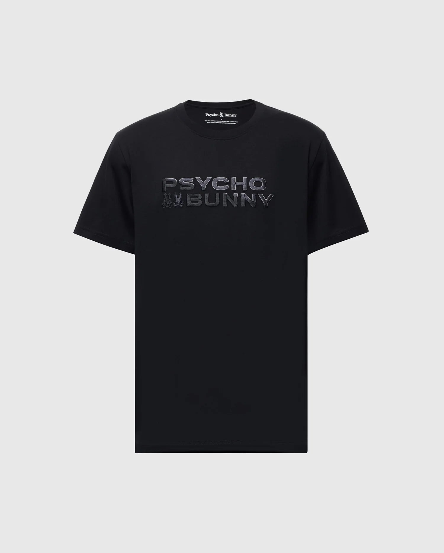The Men's Big and Tall Berni Embroidered Wordmark Graphic Tee (B9U417F200) by Psycho Bunny is a black Pima cotton T-shirt featuring "PSYCHO BUNNY" in bold, reflective letters on the front, set against a light gray background. This breathable tee combines style with comfort.