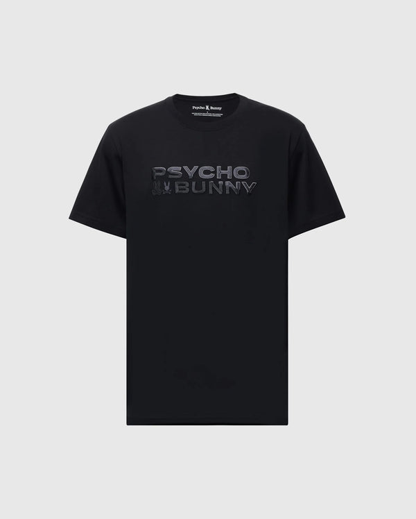 The Men's Big and Tall Berni Embroidered Wordmark Graphic Tee (B9U417F200) by Psycho Bunny is a black Pima cotton T-shirt featuring "PSYCHO BUNNY" in bold, reflective letters on the front, set against a light gray background. This breathable tee combines style with comfort.
