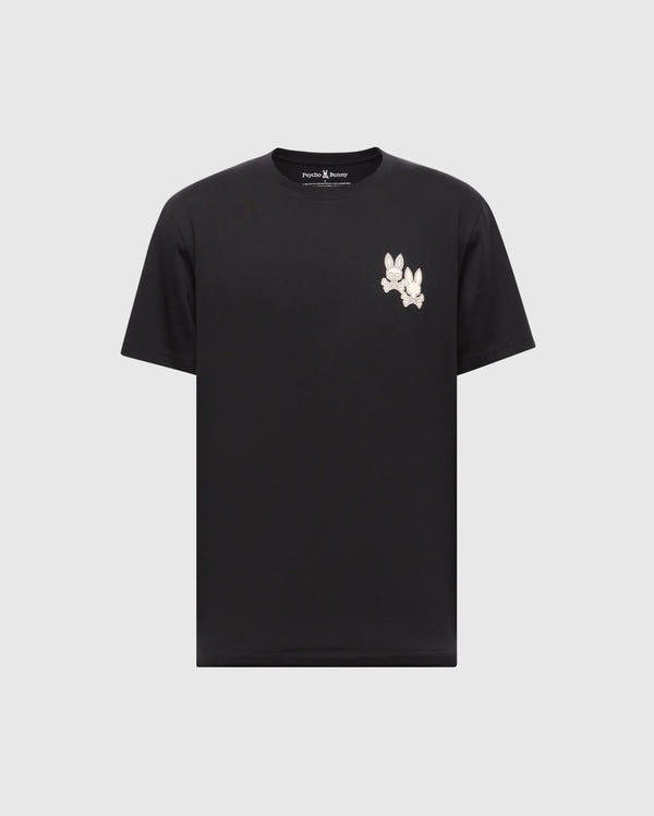 The Psycho Bunny MENS BIG AND TALL ELLIOT FRONT BACK GRAPHIC TEE - B9U605F200 is an eco-friendly black tee made from soft Pima cotton, featuring a charming white embroidered cartoon character on the upper left side.