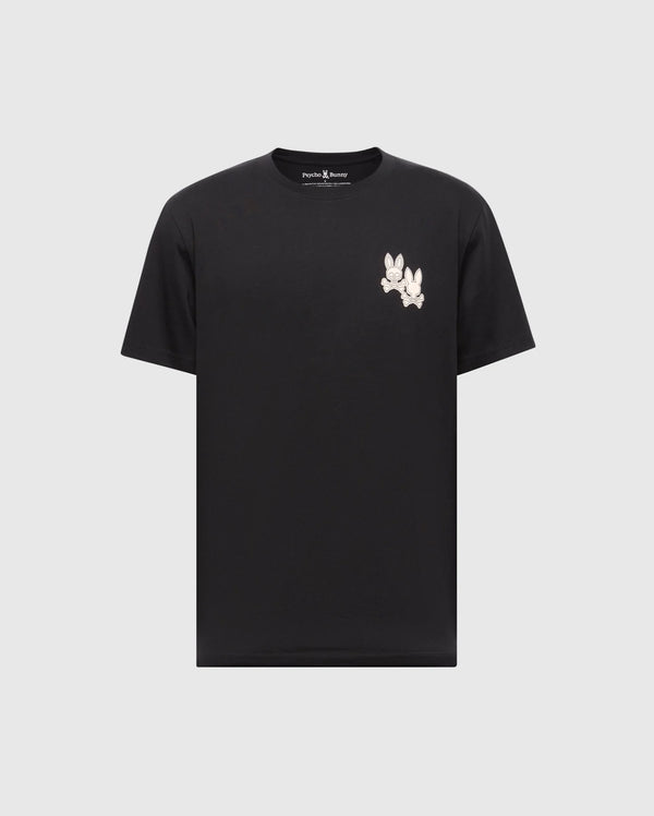 The Psycho Bunny MENS BIG AND TALL ELLIOT FRONT BACK GRAPHIC TEE - B9U605F200 is an eco-friendly black tee made from soft Pima cotton, featuring a charming white embroidered cartoon character on the upper left side.