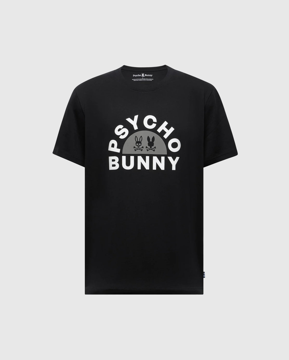 The Psycho Bunny Men's Big and Tall Goldie Graphic Tee features "PSYCHO BUNNY" in bold white on a black Pima cotton base, accented with a bold bunny skull graphic.