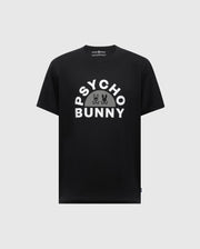 The Psycho Bunny Men's Big and Tall Goldie Graphic Tee features "PSYCHO BUNNY" in bold white on a black Pima cotton base, accented with a bold bunny skull graphic.