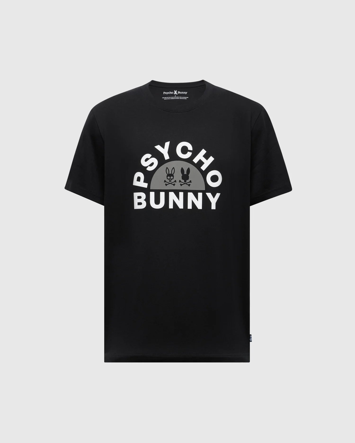 The Psycho Bunny Men's Big and Tall Goldie Graphic Tee features "PSYCHO BUNNY" in bold white on a black Pima cotton base, accented with a bold bunny skull graphic.