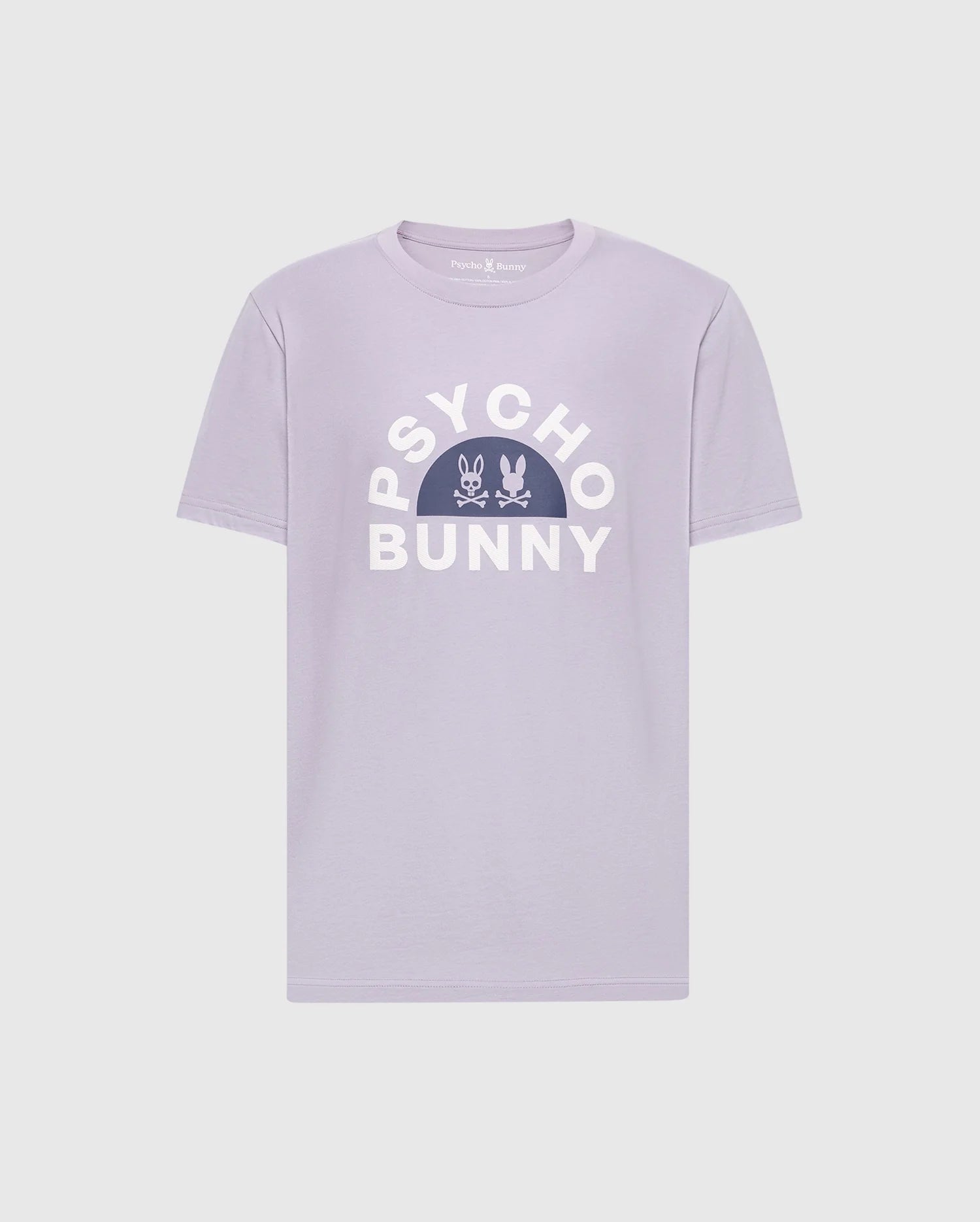 The Mens Big and Tall Goldie Graphic Tee in lilac from Psycho Bunny features bold "Psycho Bunny" text in white above a bunny with a skull motif, all on high-quality Pima cotton for superior comfort.