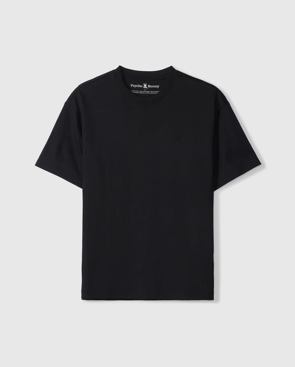 The Psycho Bunny BIG AND TALL DUKE OVERSIZED TEE - B9U742D200 is a relaxed-fit black heavyweight Pima cotton T-shirt with a round neckline, short sleeves, and an embroidered chest bunny. Its smooth fabric ensures comfort, and the inside neck label adds subtle elegance against a plain white backdrop.