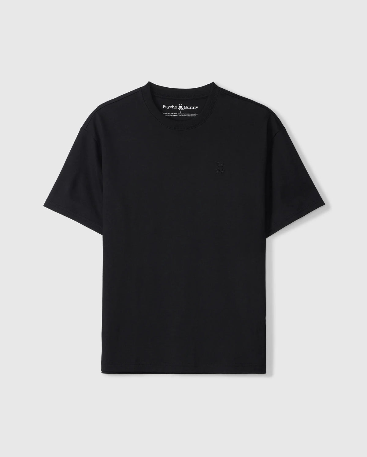 The Psycho Bunny BIG AND TALL DUKE OVERSIZED TEE - B9U742D200 is a relaxed-fit black heavyweight Pima cotton T-shirt with a round neckline, short sleeves, and an embroidered chest bunny. Its smooth fabric ensures comfort, and the inside neck label adds subtle elegance against a plain white backdrop.
