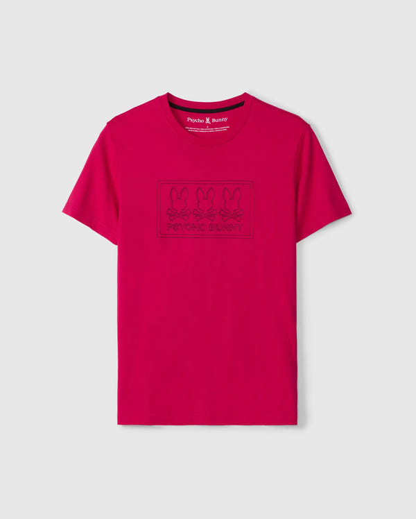 This bold pink "BIG AND TALL TACOMA GRAPHIC TEE - B9U909D200" by Psycho Bunny is made from soft Pima cotton. It showcases a rectangular patch with three bunny outlines and "Psycho Bunny" embossed, offering a standout graphic tee with eye-catching embroidered details for your wardrobe.