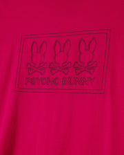The Psycho Bunny BIG AND TALL TACOMA GRAPHIC TEE - B9U909D200 is a soft Pima cotton red tee featuring three embroidered bunny skull logos with crossed bones and the "Psycho Bunny" name elegantly framed below the design.