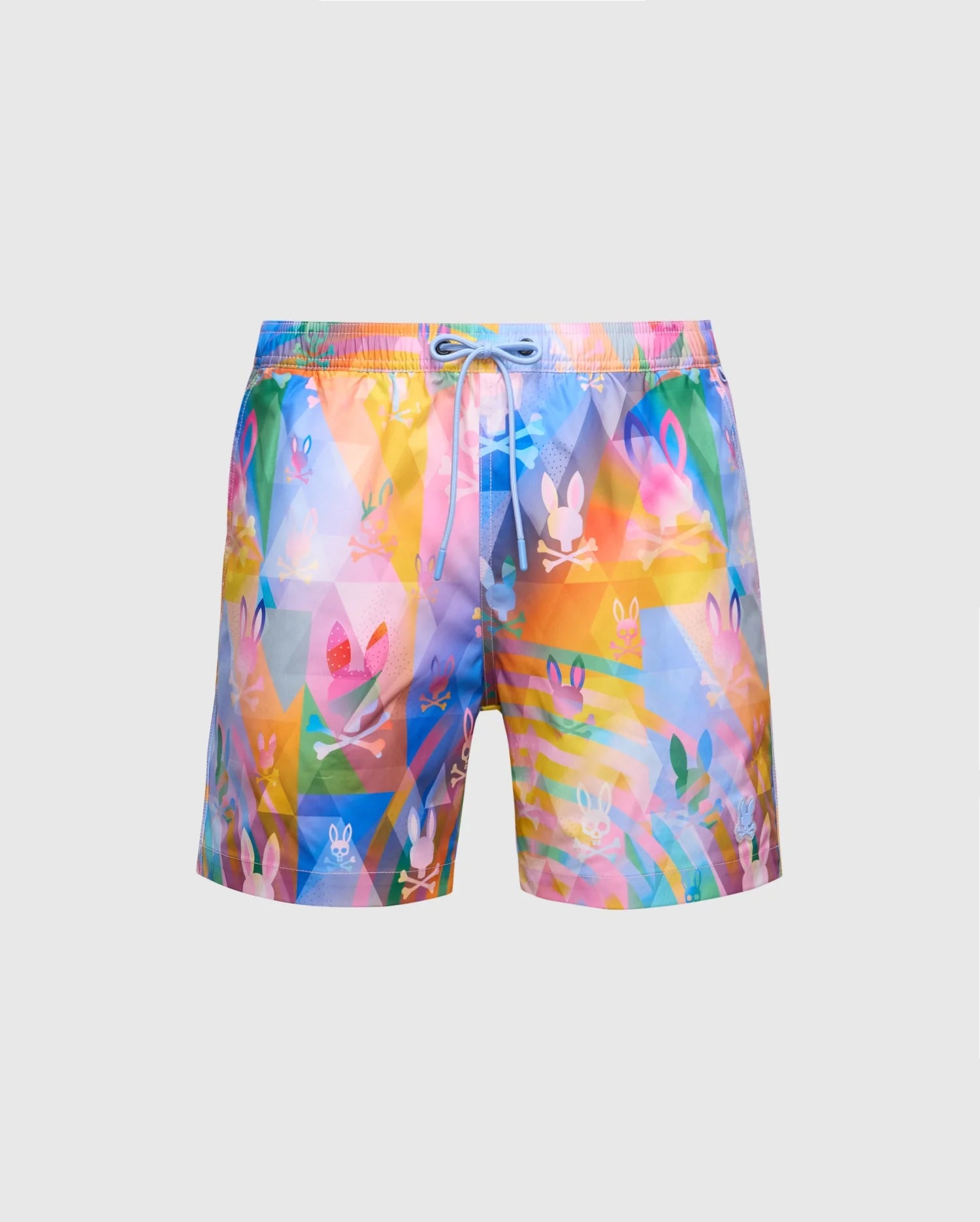 Psycho Bunny's Men's Big and Tall Milos Swim Trunk features a vibrant geometric pattern with rabbit silhouettes in pink, blue, yellow, and green on light grey. Crafted from quick-dry fabric with a drawstring waist, they are ideal for showcasing your vacation style. Product code: B9W446F200.