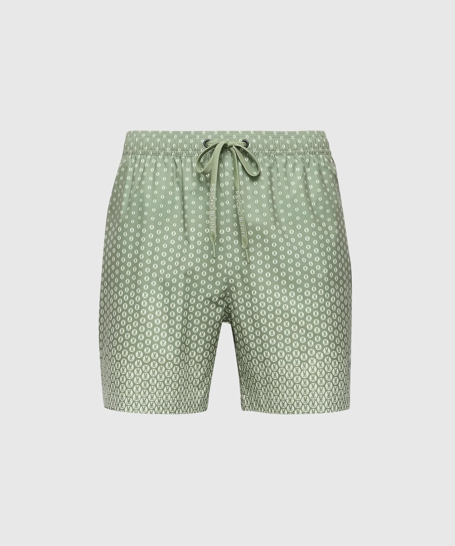 The Psycho Bunny Men's Big and Tall Bendigo Printed Swim Trunk (B9W619F200) features a drawstring waistband and white geometric shapes on green quick-dry fabric, blending faded and vivid shades for a textured look, perfect for relaxed jet-setting style against a simple white backdrop.