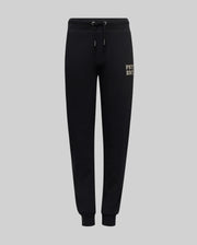 The Psycho Bunny KIDS WADE SWEATPANT (KB0800002) features black jogger pants with an elastic waistband, drawstrings, cuffed ankles, and a small beige embroidered wordmark on the upper left thigh, made from a premium cotton blend.