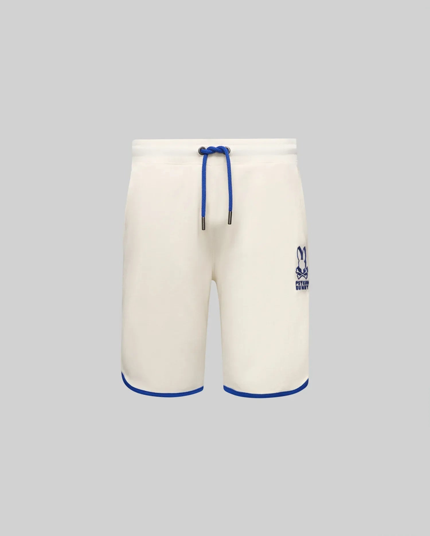 Kids Toby Short, cream French terry, relaxed fit, with royal blue drawstring, hem piping, and embroidered Psycho Bunny skull logo on the right thigh.