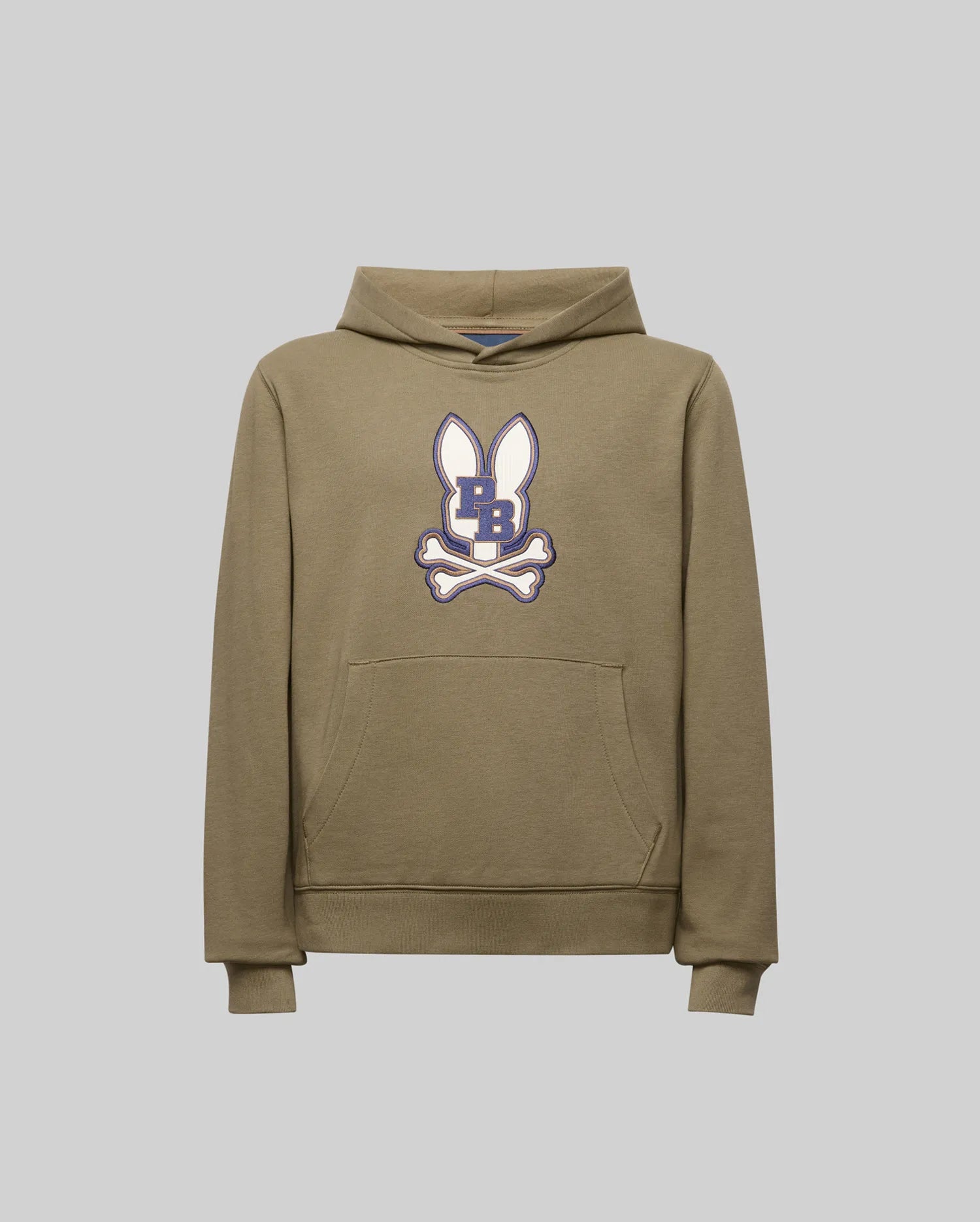 The KIDS WADE CORD PATCH HOODIE (KT0500031) by Psycho Bunny is an olive green cotton blend athletic hoodie with a front pocket, hood, and an embroidered bunny patch—white ears and navy blue "B" over crossed white bones on the chest.