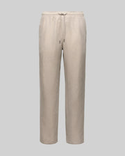 The Psycho Bunny MENS FARRIS WIDE LEG LINEN PANT (MB0600007) features a beige linen blend, elastic waistband with drawstring, wide leg cut, side pockets, and a subtle embroidered logo, shown on a plain light gray background.