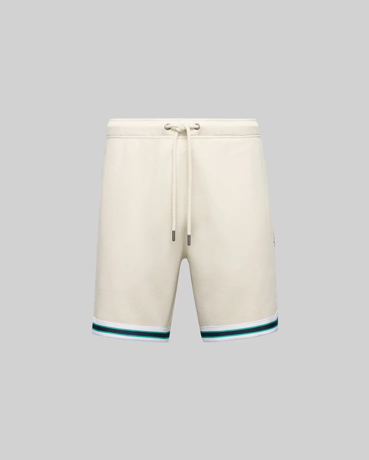 The Psycho Bunny MENS BASIL TAPED SHORT - MB0900005 in beige is made from premium cotton-modal, featuring a drawstring waist and green-blue striped accents near the hem, shown on a plain gray background.