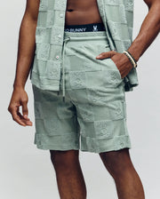 A person wears Psycho Bunny’s MENS KELVIN TOWEL TERRY SWEATSHORT (MB0900006) in light green jacquard terry cloth with an embroidered Checkered Bunny, black “Psycho Bunny” waistband, and matching top; image shows from shoulders to knees.