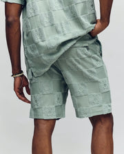 A person shown from the back wearing Psycho Bunny’s MENS KELVIN TOWEL TERRY SWEATSHORT (MB0900006) and matching shirt in light green jacquard terry with a raised Checkered Bunny pattern.
