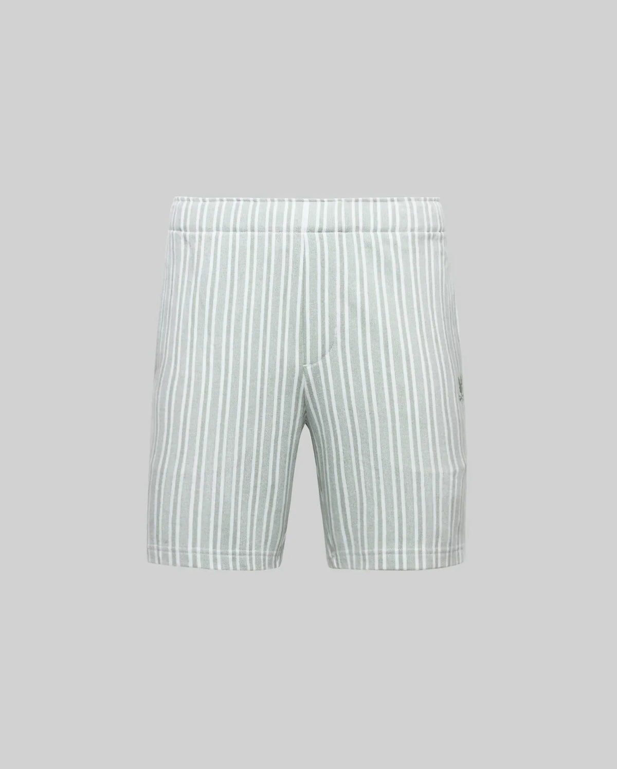 The Psycho Bunny MENS ROBERT KNIT STRIPE SHORT (MB0900007) features light gray cotton knit fabric with vertical stripes, shown on a plain gray background. These shorts have a straight, simple design with no front pockets or drawstring.