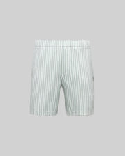 The Psycho Bunny MENS ROBERT KNIT STRIPE SHORT (MB0900007) features light gray cotton knit fabric with vertical stripes, shown on a plain gray background. These shorts have a straight, simple design with no front pockets or drawstring.