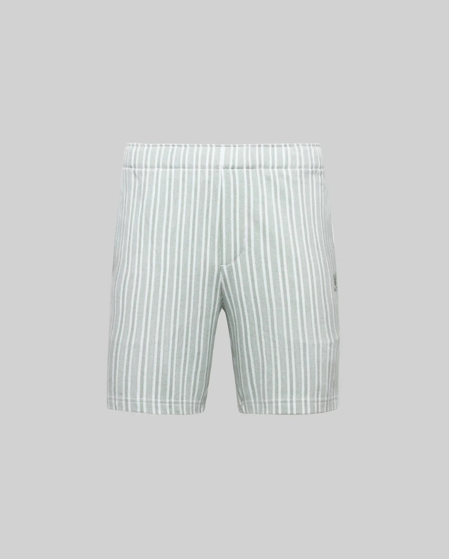 The Psycho Bunny MENS ROBERT KNIT STRIPE SHORT (MB0900007) features light gray cotton knit fabric with vertical stripes, shown on a plain gray background. These shorts have a straight, simple design with no front pockets or drawstring.