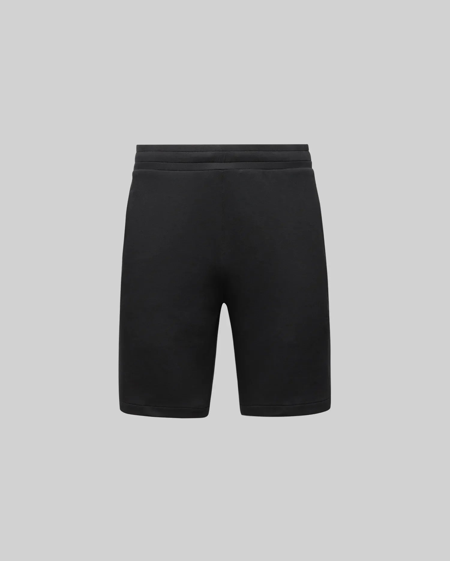 The Psycho Bunny MENS LAZSLO SWEATSHORT - MB0900016 is a black stretch modal-cotton-blend short with an elastic waistband. Perfect for casual style, it’s shown from the front on a plain light gray background.