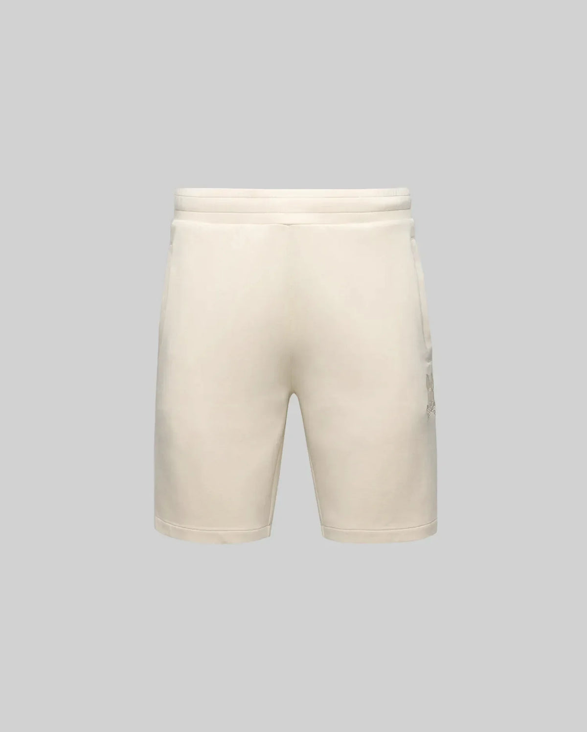 The Psycho Bunny MENS LAZSLO SWEATSHORT (MB0900016) features a beige, simple design with stretch modal-cotton-blend fabric, elastic waistband, side pockets, and embroidered Bunny detail, shown on a plain gray background.