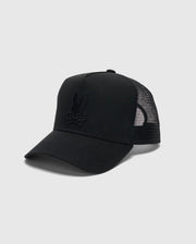 The Psycho Bunny Men's Wilder Trucker Cap (MO1500026) features a black colorway with a curved brim and mesh back. An embroidered rabbit head with crossed bones stands out on a light gray front panel, complete with an adjustable strap for the ultimate rugged style fit.