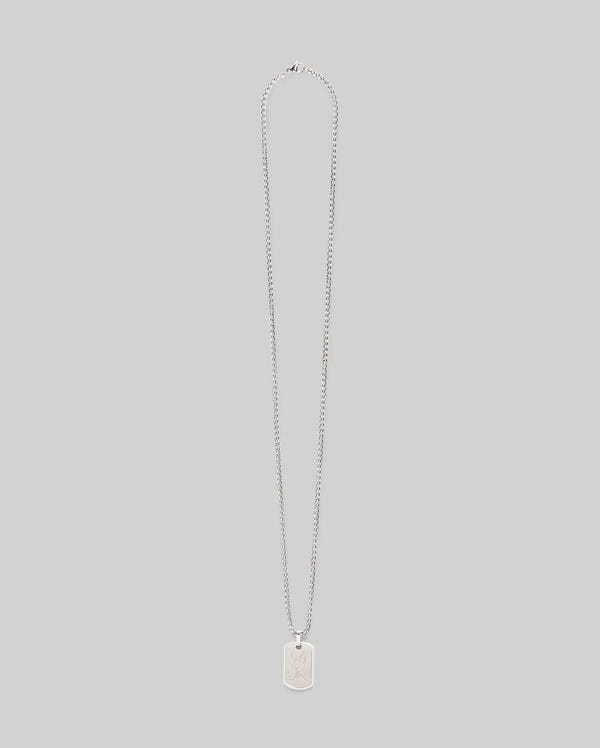 The Psycho Bunny MENS ARMY TAG NECKLACE - MO1700021 features a silver rectangular dog tag pendant on a steel cable chain, shown against a plain light gray background.