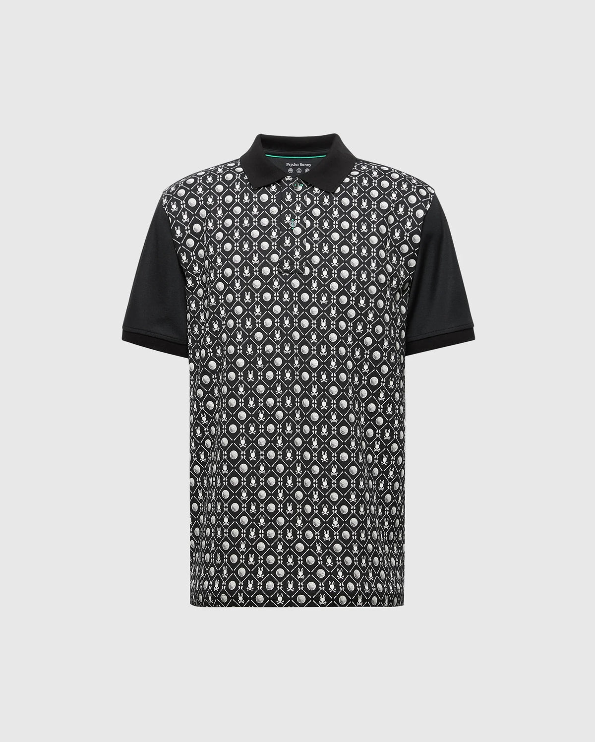 The Psycho Bunny MENS BECKETT PIQUE POLO (MT0100022) is a short-sleeved, breathable polo with a black and white geometric pattern on the front. Made from Pima cotton, it features solid black collar and sleeves and a small green tag inside the collar for added detail.