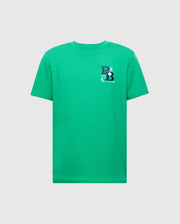 The Psycho Bunny MENS DENIS GRAPHIC TEE - MT0200015 is a green Pima cotton T-shirt featuring an embroidered logo with stylized "P" and "B" letters and a small hand symbol on the top left. Its simple crew neck design adds elegance to this golf-inspired piece.