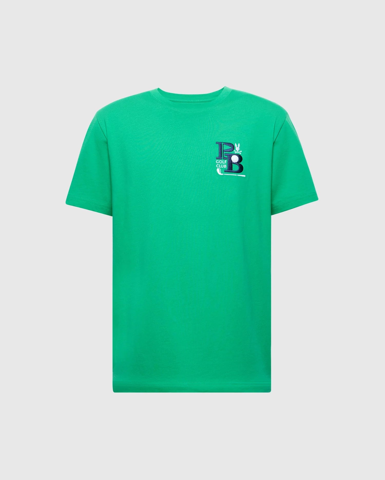 The Psycho Bunny MENS DENIS GRAPHIC TEE - MT0200015 is a green Pima cotton T-shirt featuring an embroidered logo with stylized "P" and "B" letters and a small hand symbol on the top left. Its simple crew neck design adds elegance to this golf-inspired piece.