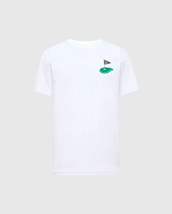 The MENS DALE GRAPHIC TEE (MT0200016) by Psycho Bunny is a plain white Pima cotton T-shirt, featuring a small embroidered logo of a flagpole with a triangular black flag and green shape on the left chest.