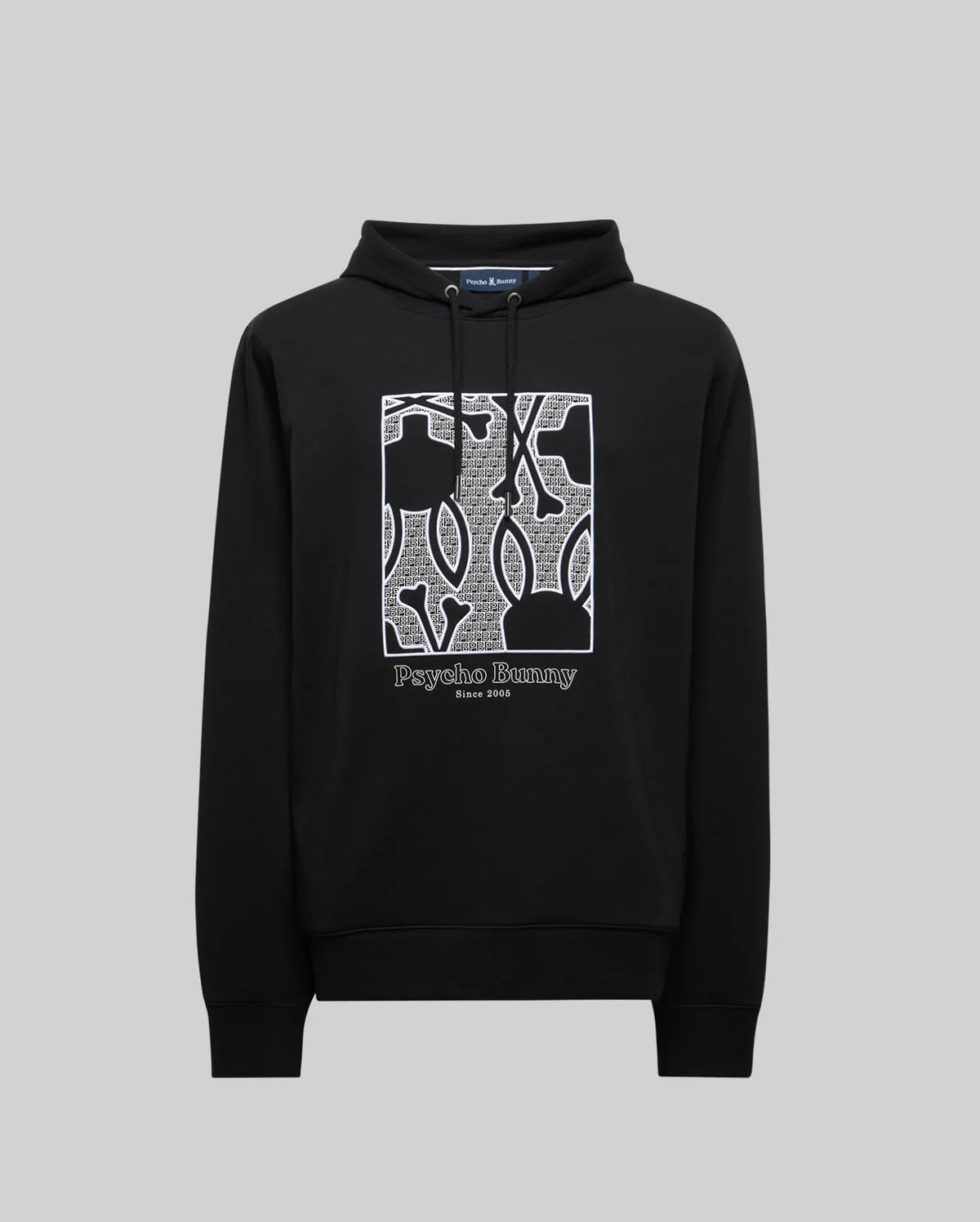 The MENS GLENN HOODIE - MT0500008 by Psycho Bunny is a black cotton-modal hoodie with a white embroidered Bunny and abstract letters on the chest, plus “Psycho Bunny Since 2005” text below. Shown on a plain gray background.