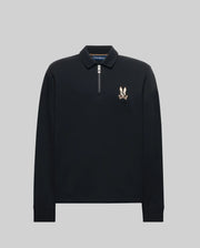 The Psycho Bunny MENS DANIEL QUARTER ZIP SWEATSHIRT (MT0500023) is a black men's long-sleeve pullover with a half-zip collar and an embroidered cartoon rabbit head logo on the left chest, shown against a plain gray background.