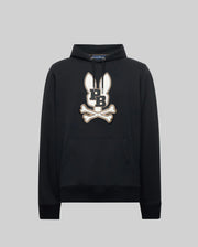 The Psycho Bunny MENS WADE HOODIE (MT0500112) is a classic athletic hoodie made from a premium cotton blend, featuring a bold cartoon bunny head with long ears above crossed bones and "L" and "B," plus a front pocket and drawstring hood.